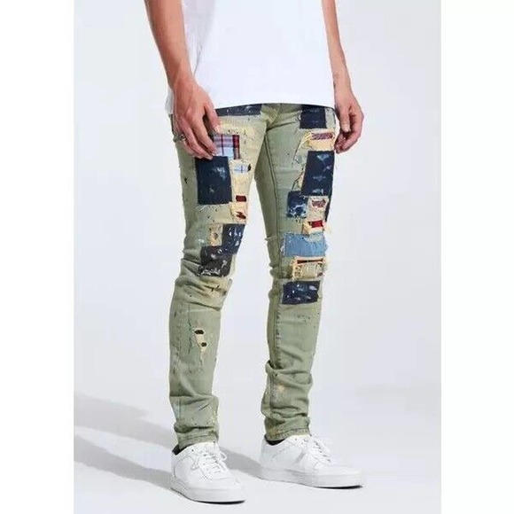 Embellish NYC Men's Rip & Repair Patchwork Distressed Skinny Fit Denim Jeans - Picture 2 of 3